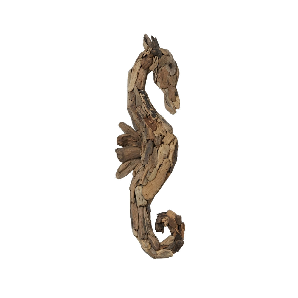 Driftwood sea horse wall decor styled as a coastal-inspired wall accent.
