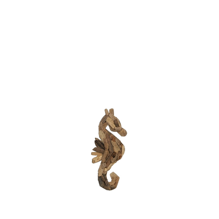 Driftwood sea horse wall decor styled as a coastal-inspired wall accent.