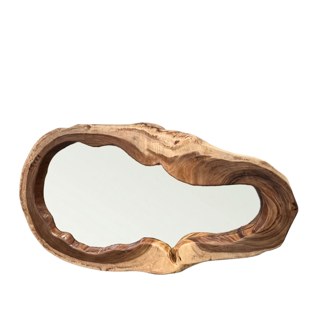 Front view of Sebirut Mirror featuring an organic free-form suar wood frame and natural wood grain.