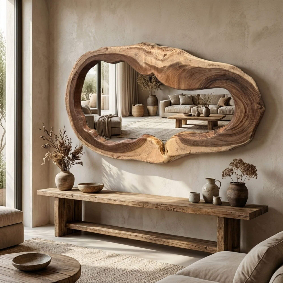 Styled interior view of Sebirut Mirror mounted above a console, highlighting its sculptural shape.