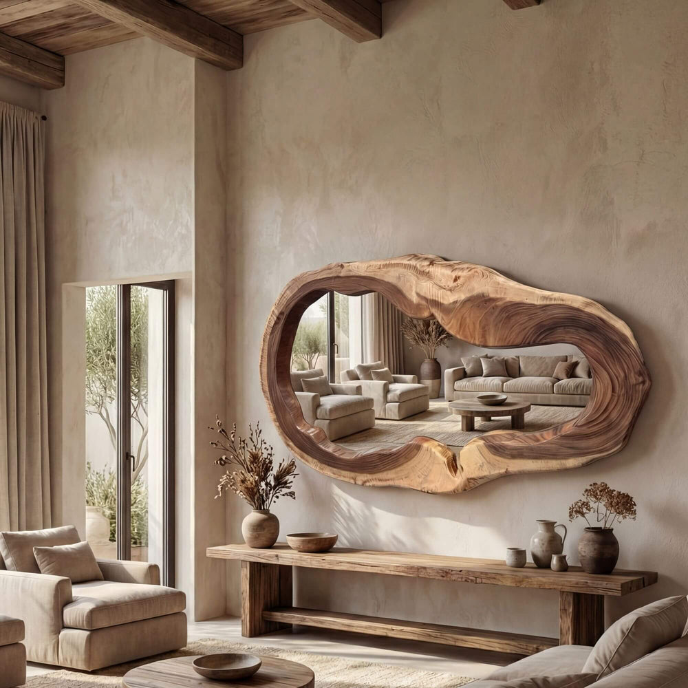 Living room with rustic wooden mirror and furniture