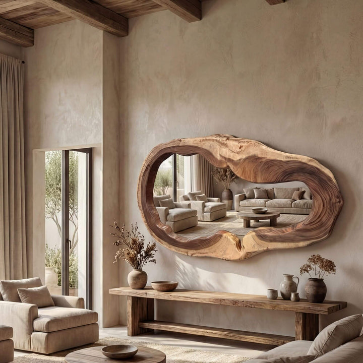 Living room with rustic wooden mirror and furniture