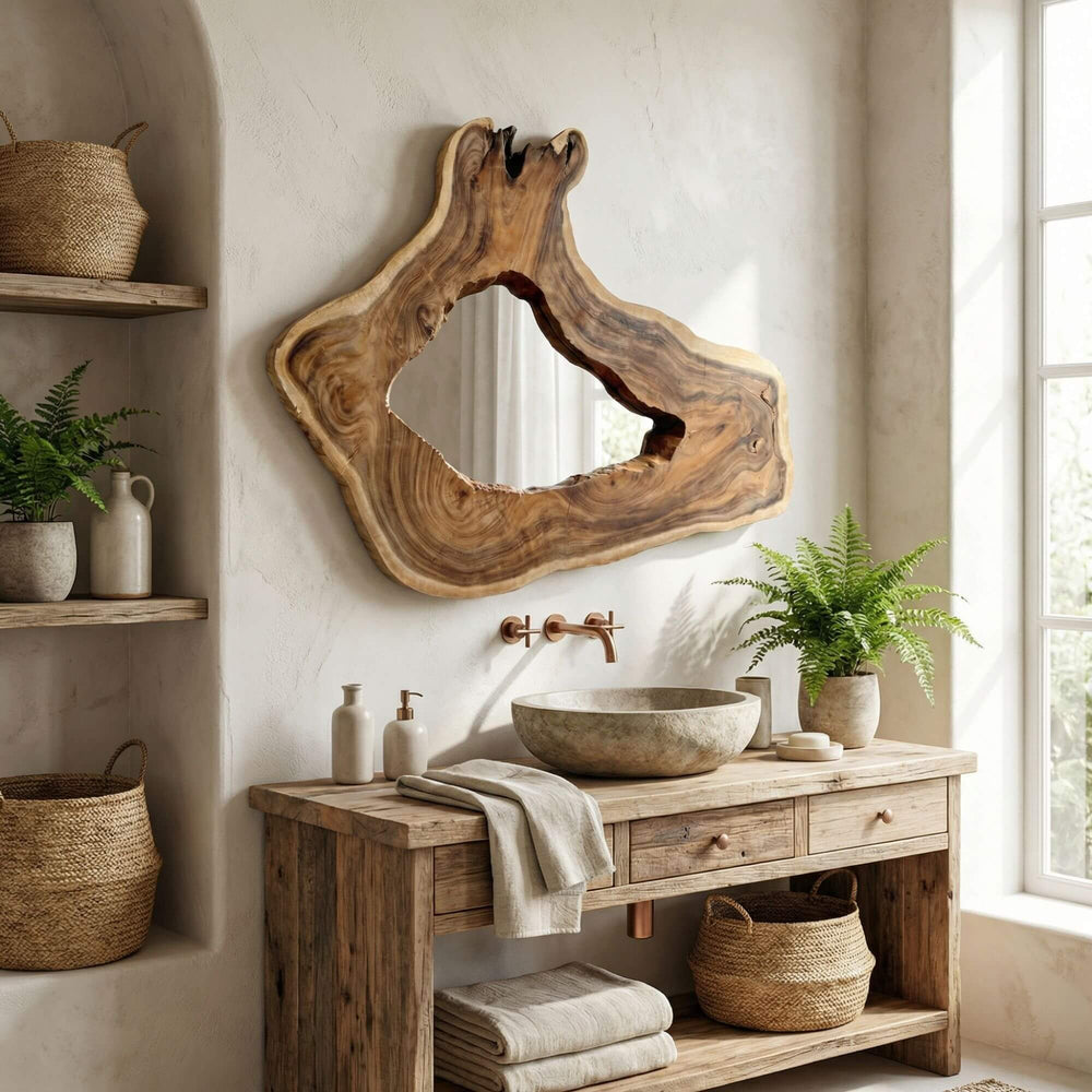 Styled bathroom interior featuring the Sebirut mirror mounted above a wooden vanity with natural decor.
