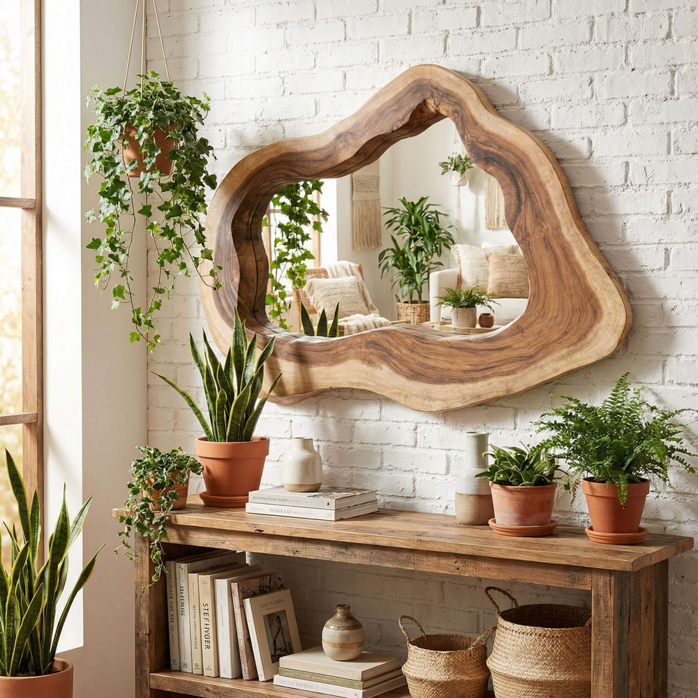 Styled interior setting featuring the Sebirut mirror mounted above a wooden console with plants and natural decor.