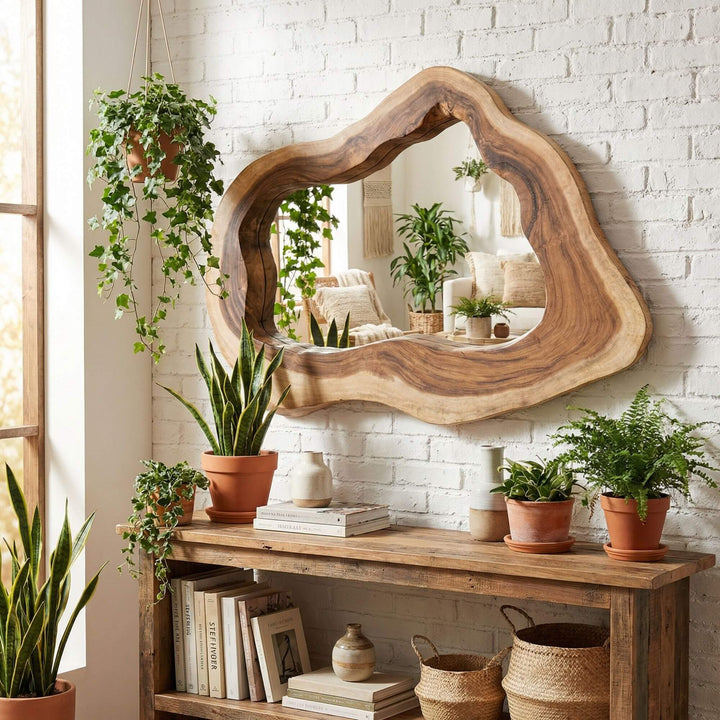 Styled interior setting featuring the Sebirut mirror mounted above a wooden console with plants and natural decor.