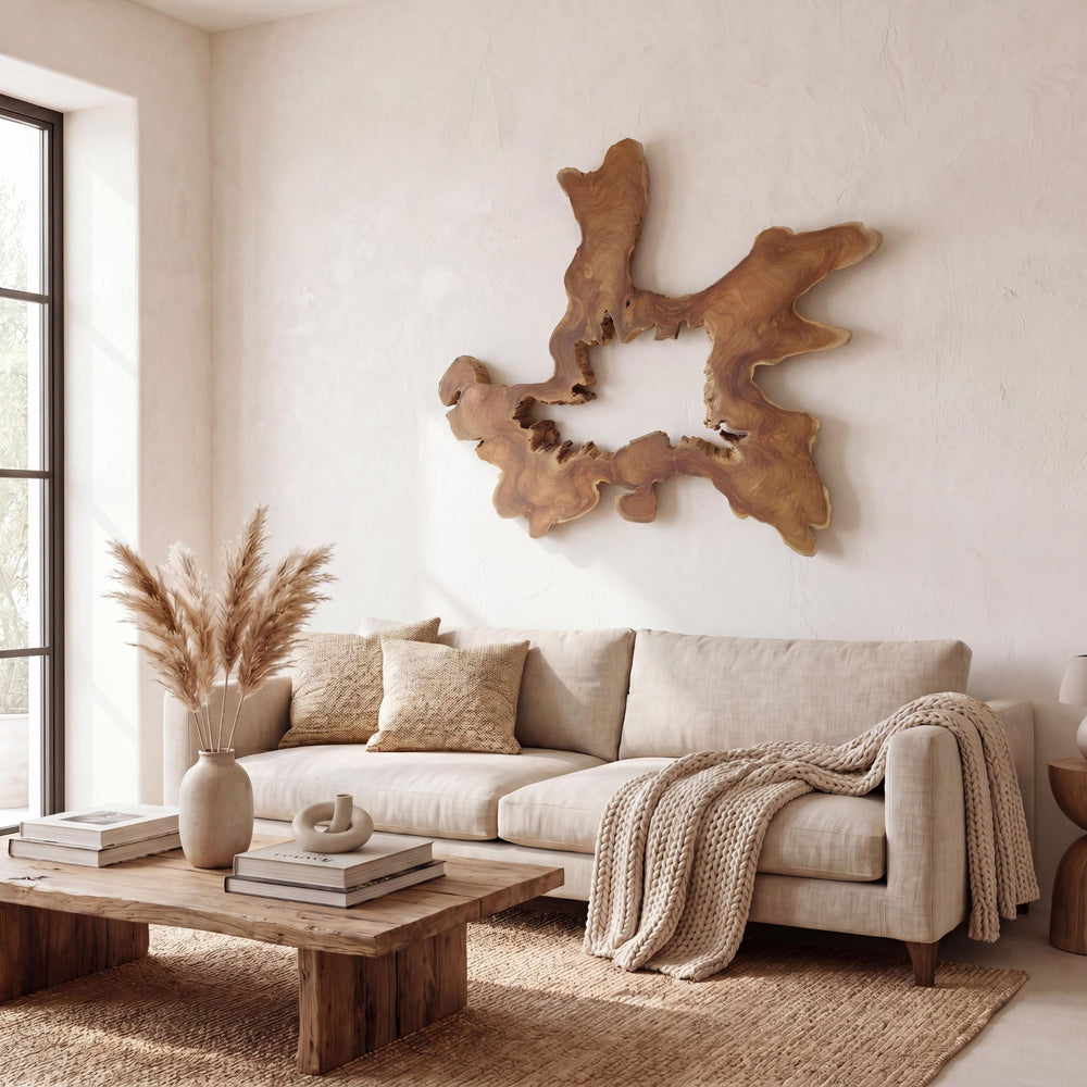 Styled living room setting featuring the Sebirut wall decor above a sofa in a warm natural interior.