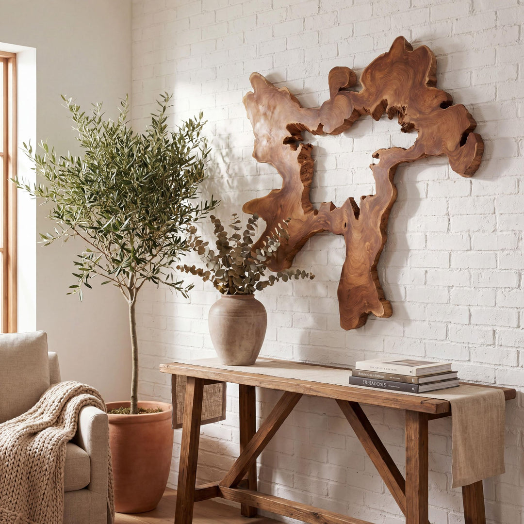 Styled console setting featuring the Sebirut wall deco as a statement piece in a rustic organic space.