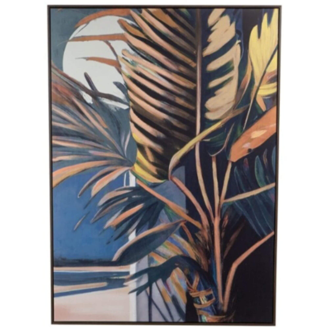 Sebuko Palms oil painting with tropical palm leaves in blue and gold tones on canvas.