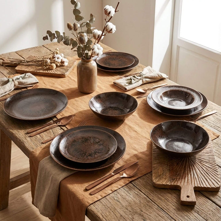 Styled dining table featuring the Sebuku Brown tableware collection.
