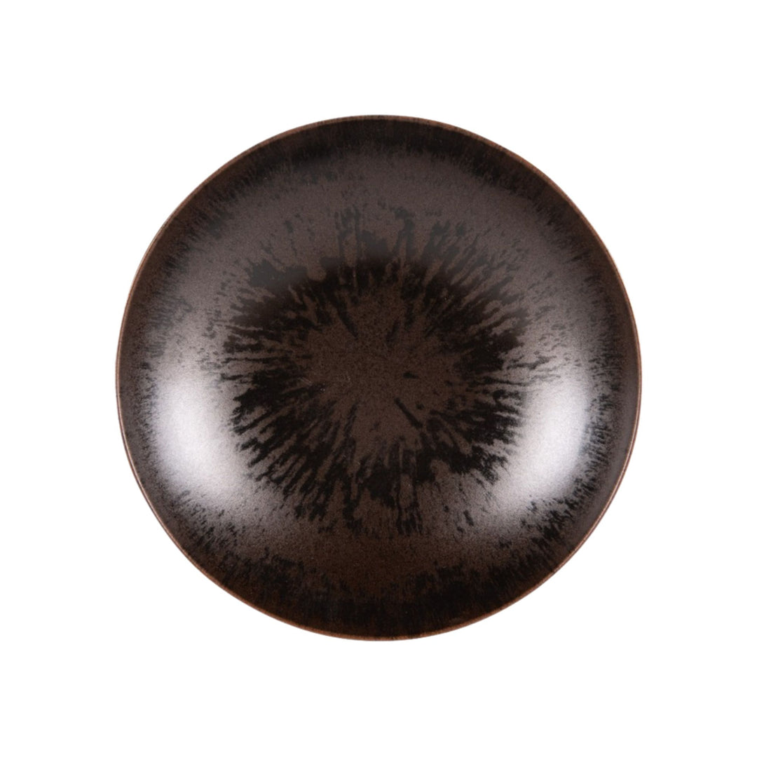 Top view of dark brown ceramic plate with handcrafted glaze texture.