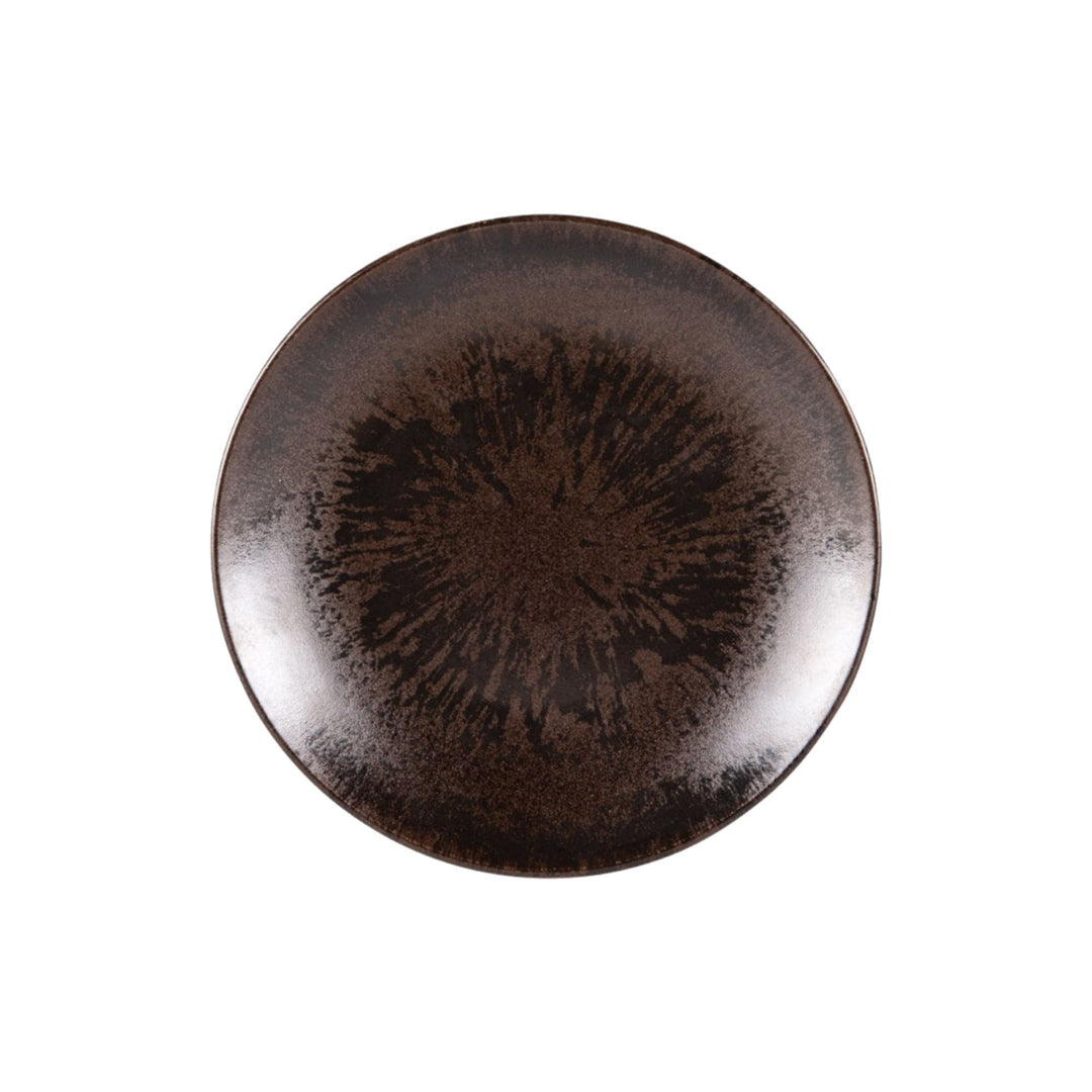 Top view of dark brown ceramic dessert plate with handcrafted glaze texture.