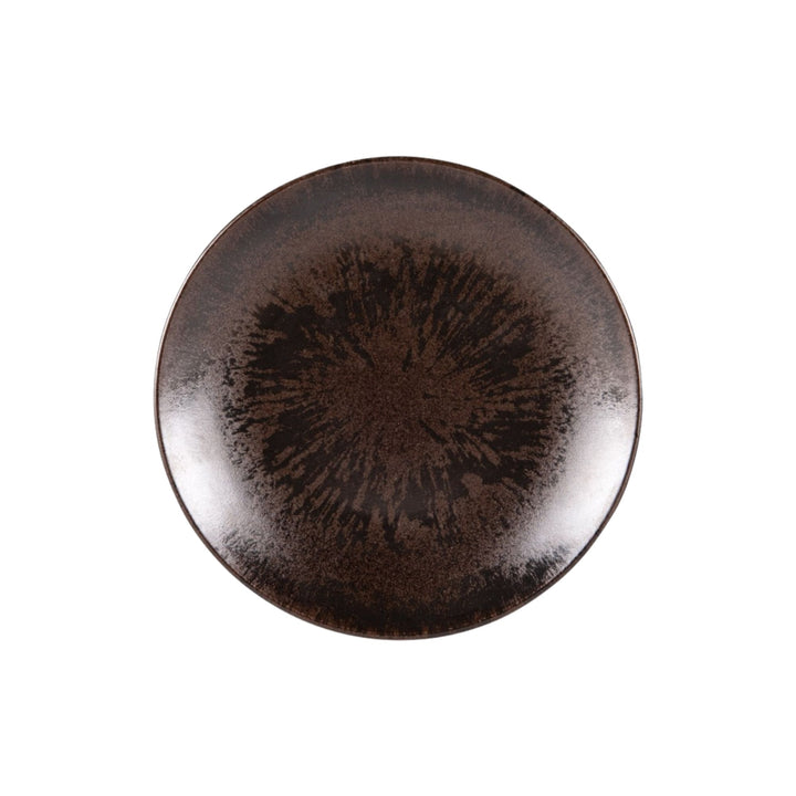 Top view of dark brown ceramic dessert plate with handcrafted glaze texture.