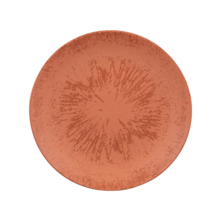 Top view of terracotta ceramic plate with handcrafted surface texture.