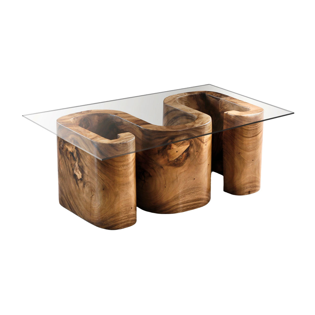 Sebuku Suar wood coffee table with a glass top on a white background
