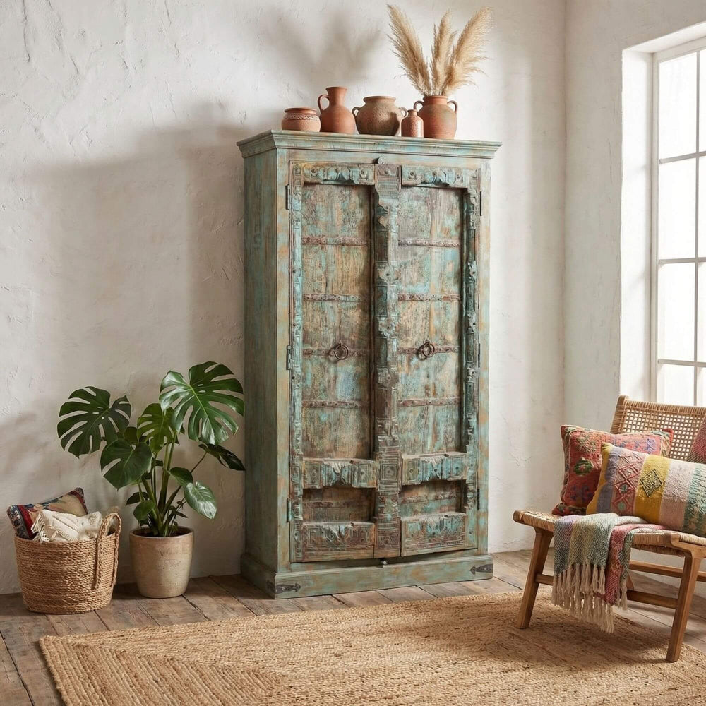 Styled interior featuring the Seidon wardrobe adding vintage character to a natural living space.