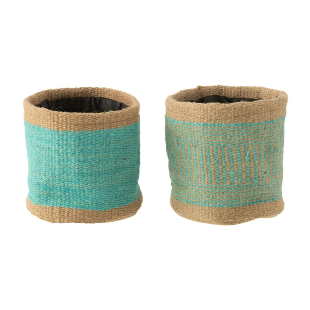 Seminyak Jute Basket in blue with natural jute base and turquoise woven pattern.