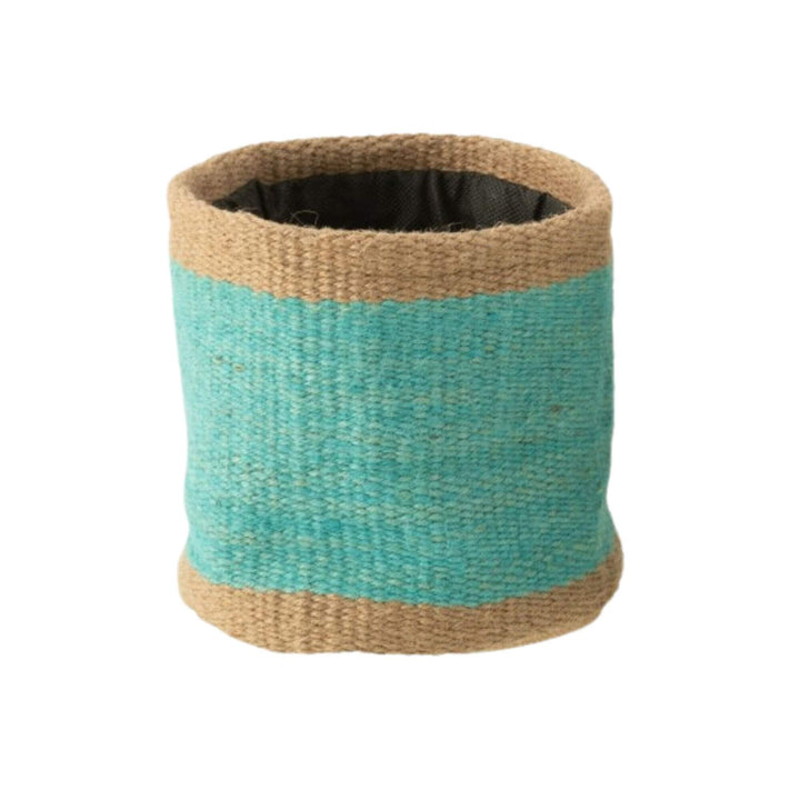 Seminyak Jute Basket in blue with natural jute base and turquoise woven pattern.