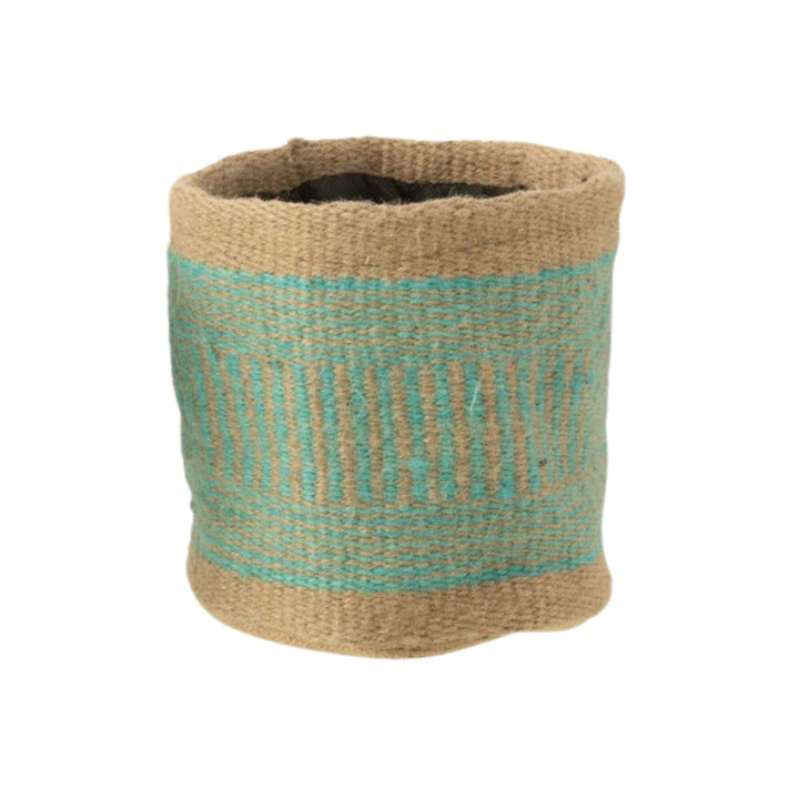 Seminyak Jute Basket in blue with natural jute base and turquoise woven pattern.