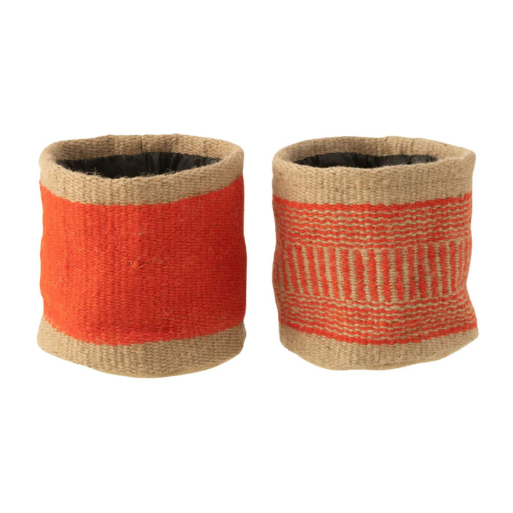 Seminyak Jute Basket in orange with natural jute base and woven pattern.