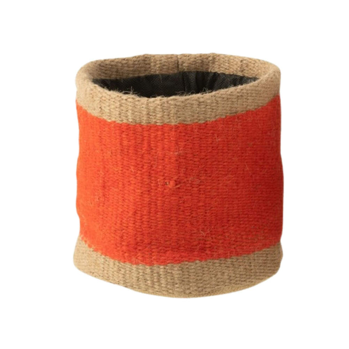 Seminyak Jute Basket in orange with natural jute base and woven pattern.