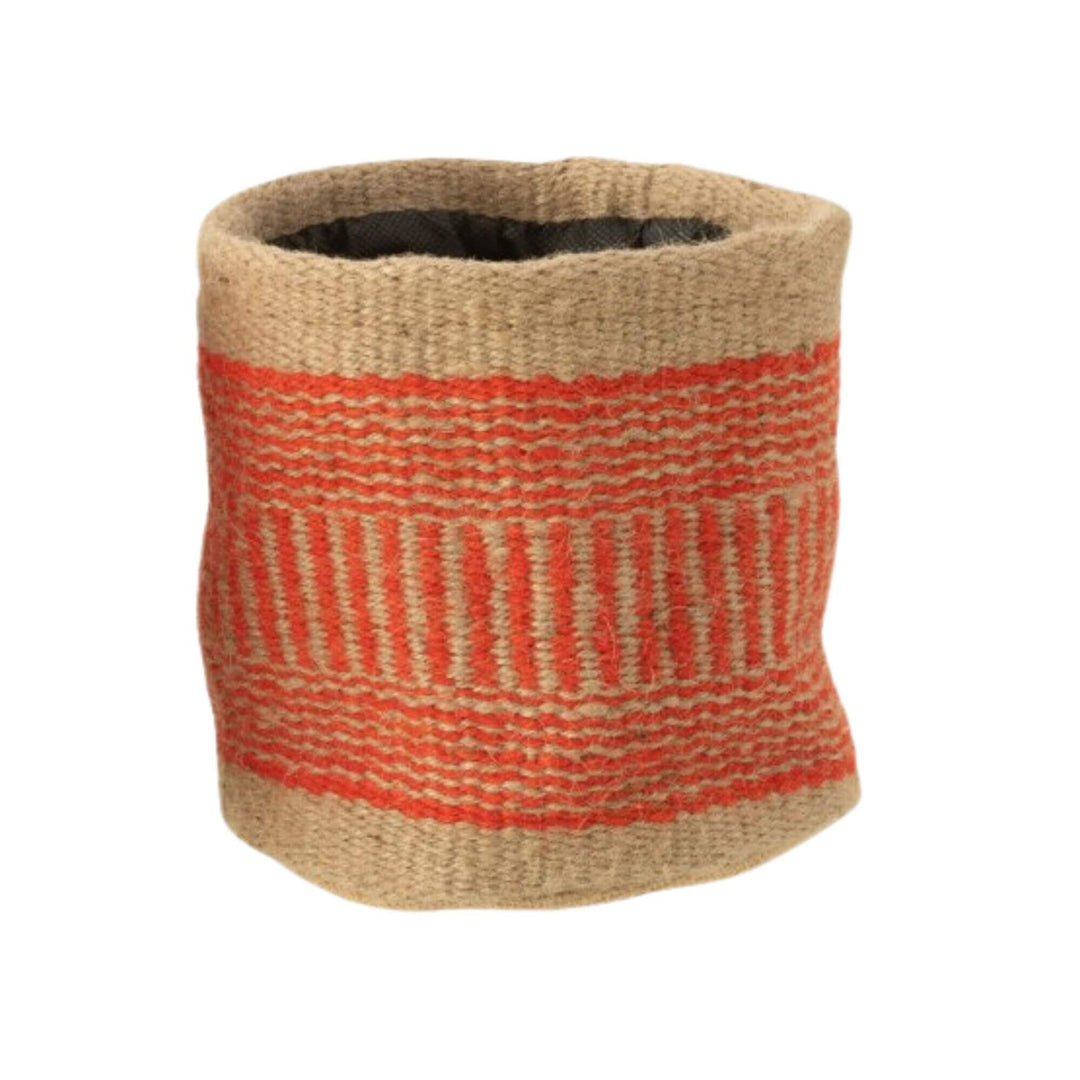 Seminyak Jute Basket in orange with natural jute base and woven pattern.