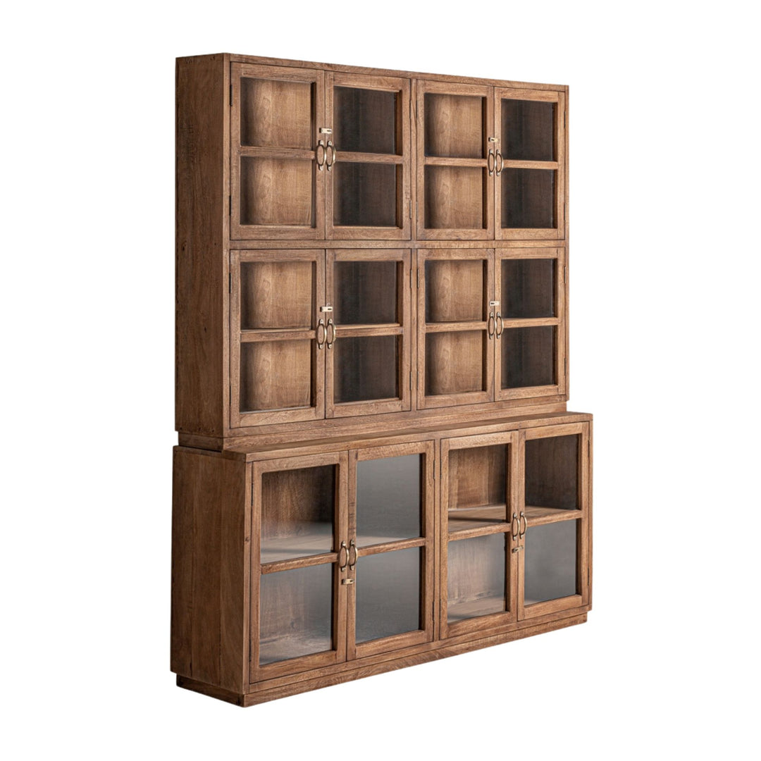 Side angle of the tall Sena Cabinet highlighting the metal frame and glass panels.