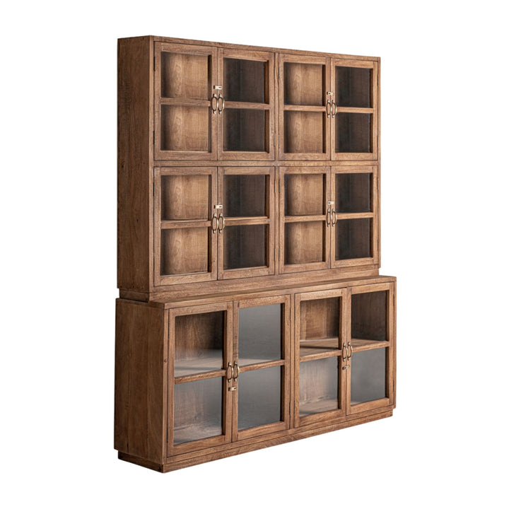 Side angle of the tall Sena Cabinet highlighting the metal frame and glass panels.