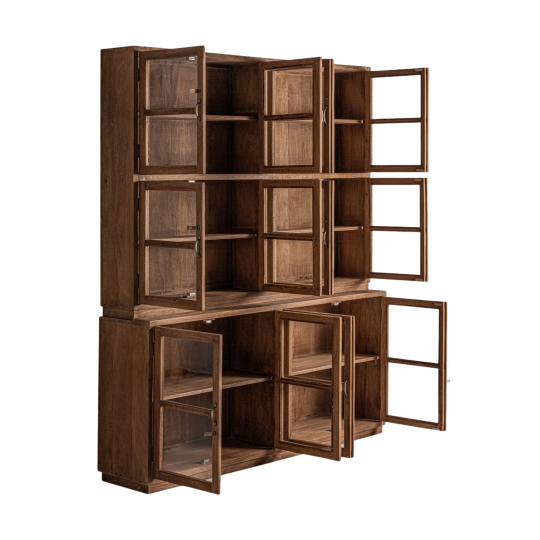 Close-up showing the upper teak wood and glass grid doors of the Sena Cabinet.