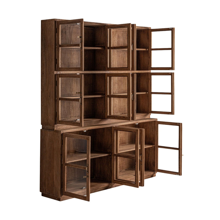 Close-up showing the upper teak wood and glass grid doors of the Sena Cabinet.