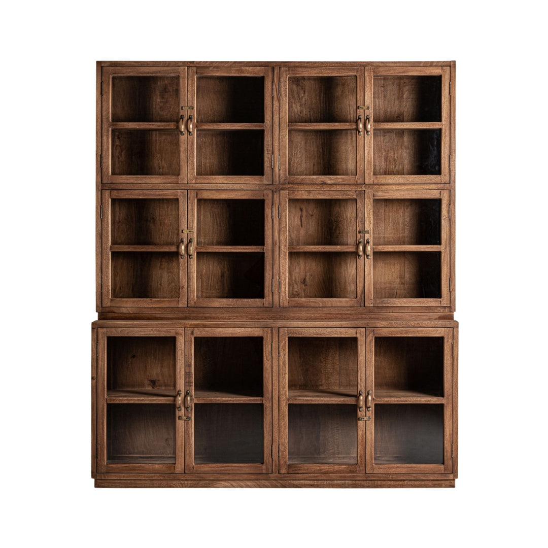 Front view of the Sena Cabinet crafted from teak wood with metal and glass accents.