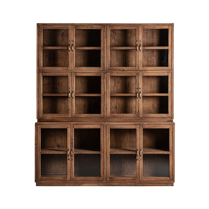 Front view of the Sena Cabinet crafted from teak wood with metal and glass accents.