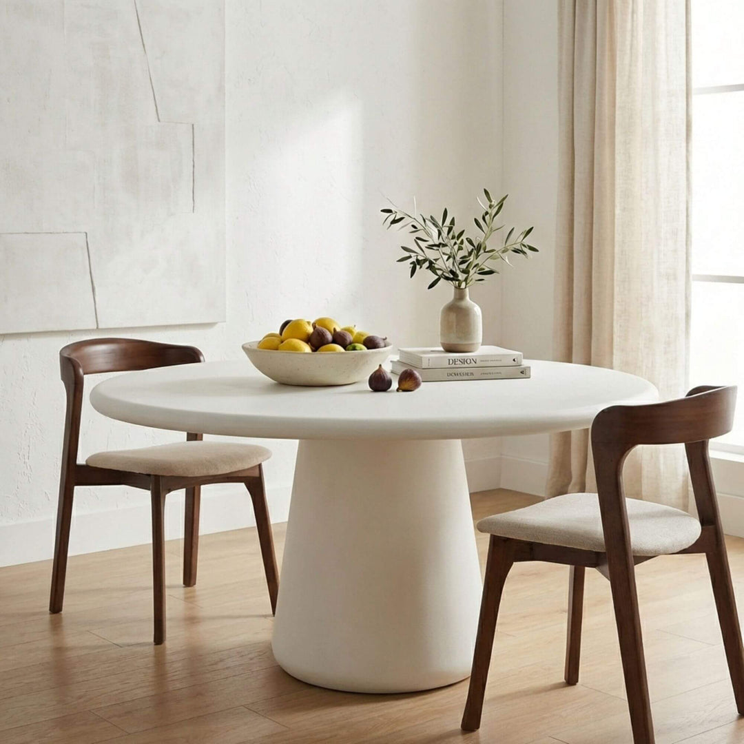 Styled dining room setting featuring the Senja table paired with wooden dining chairs.