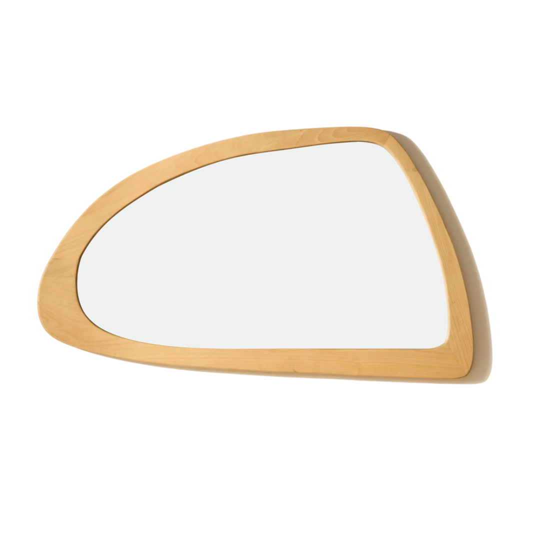 Front view of the Senja sungkai wood mirror showcasing its organic asymmetrical shape and natural wood frame.