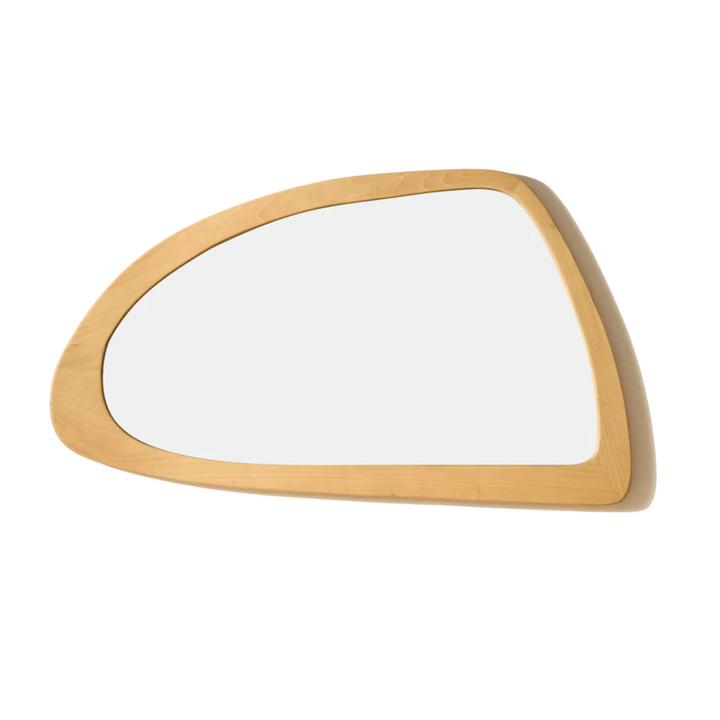 Front view of the Senja sungkai wood mirror showcasing its organic asymmetrical shape and natural wood frame.