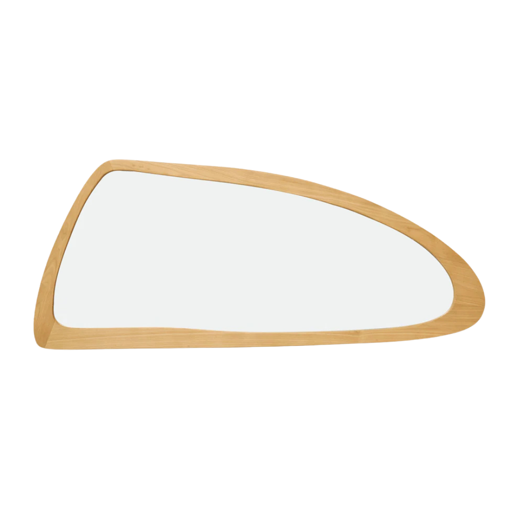 Front view of the Senja sungkai wood mirror showcasing its organic asymmetrical shape and natural wood frame.