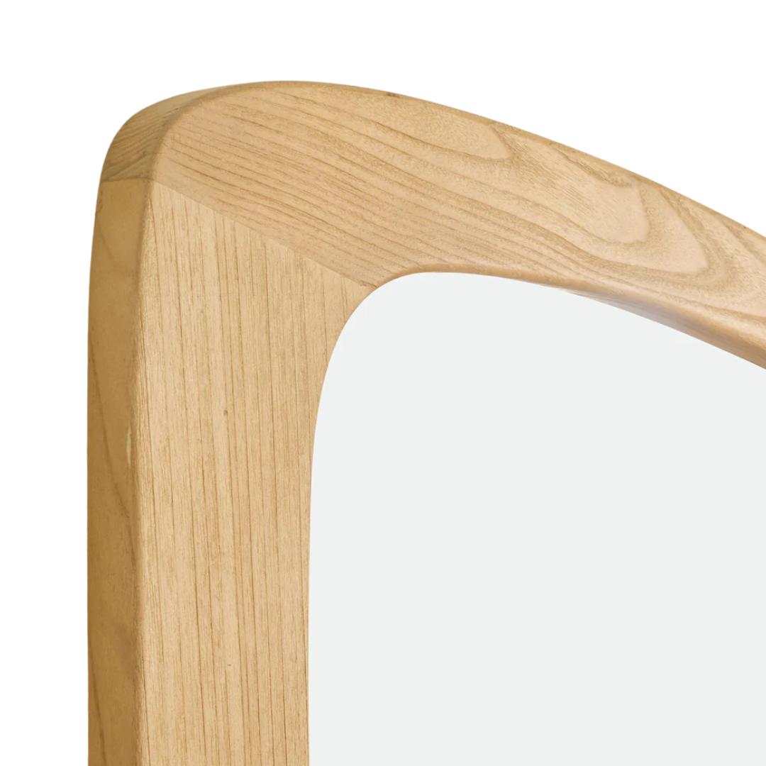 Side detail highlighting the smooth curved sungkai wood frame and natural finish.