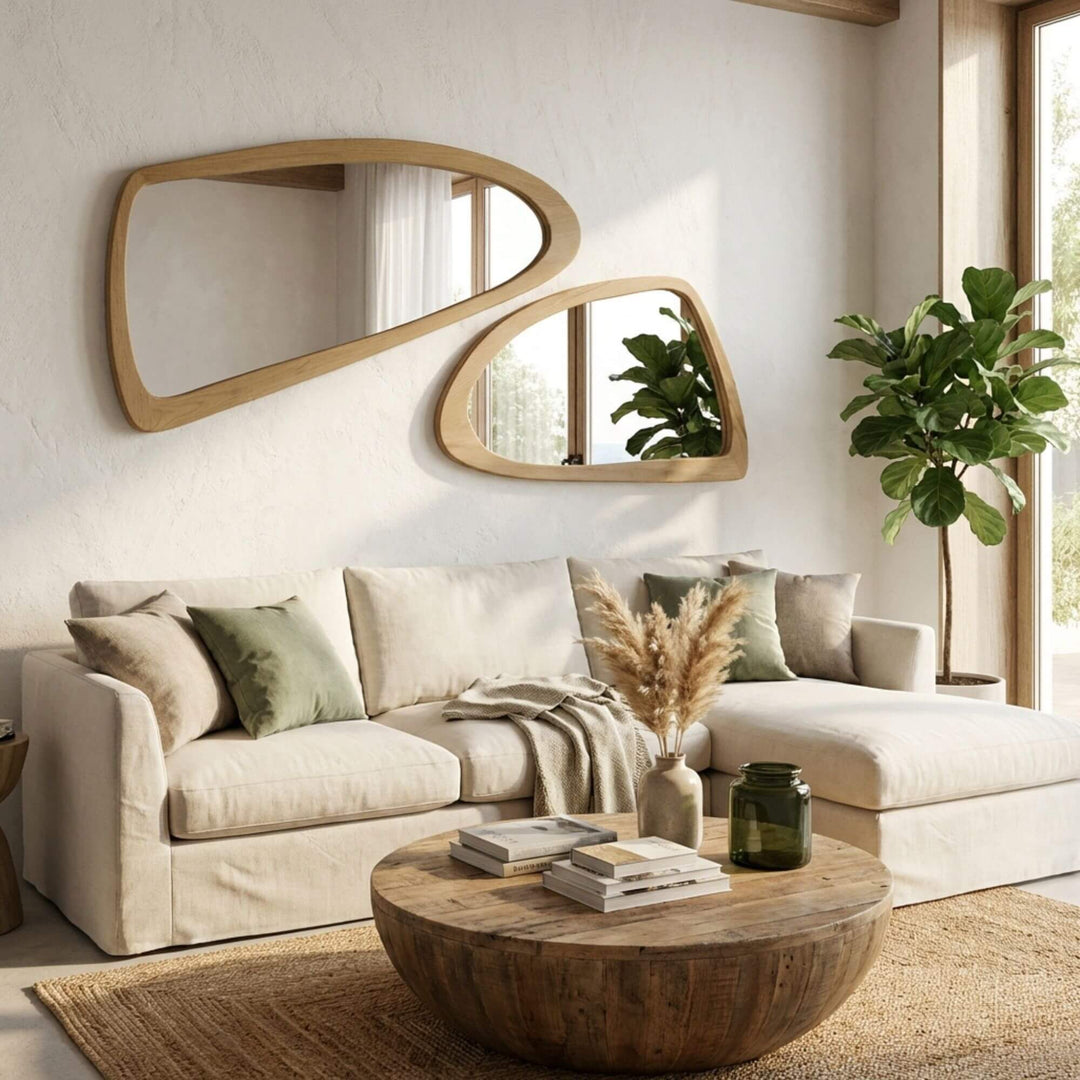Styled living room setting featuring the Senja mirror mounted above a sofa as a decorative wall accent.