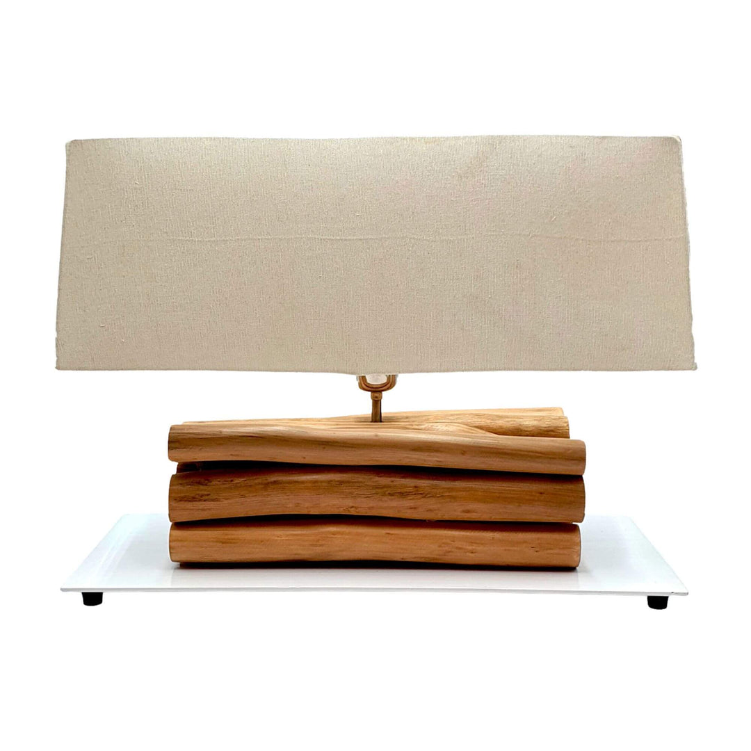 Sepang table lamp with reclaimed teak wood base and rectangular fabric shade