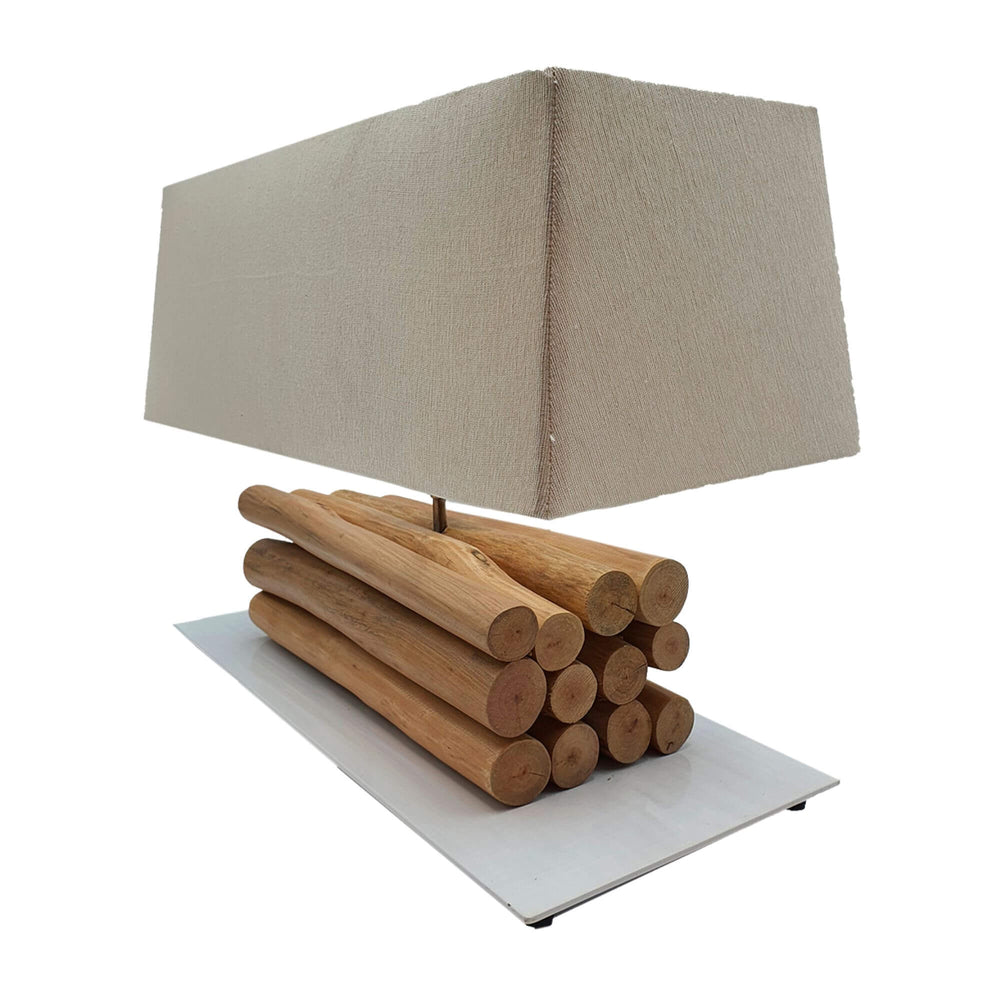 Modern teak wood table lamp with fabric shade on white base