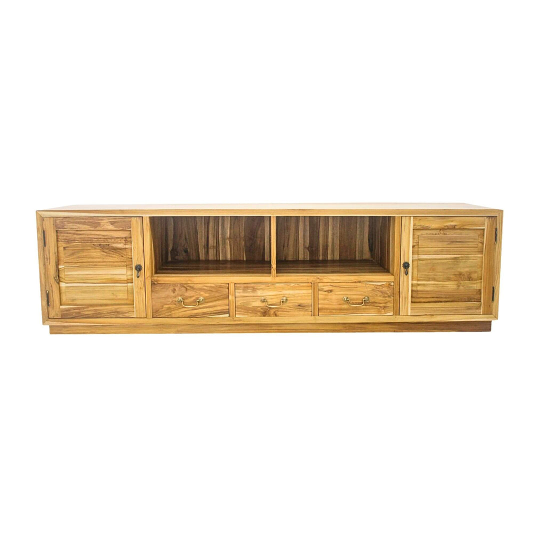 Serangan teak wood TV stand, front view showing doors, drawers, and open center shelves.