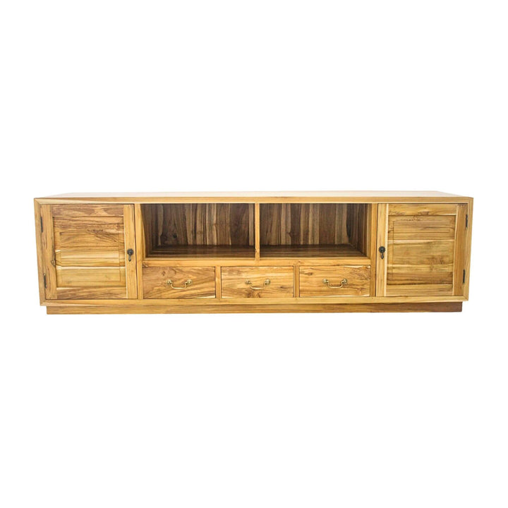 Serangan teak wood TV stand, front view showing doors, drawers, and open center shelves.