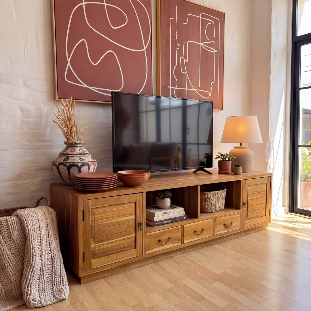 Living room setting featuring the Serangan TV unit under a television.
