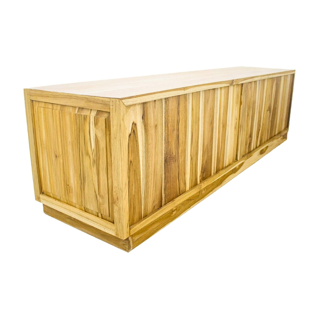 Low-profile teak TV stand, side perspective showing slim silhouette and panel detail.