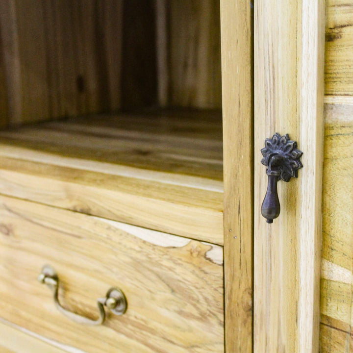 Close-up of Serangan TV stand hardware and inner shelf in natural teak wood.