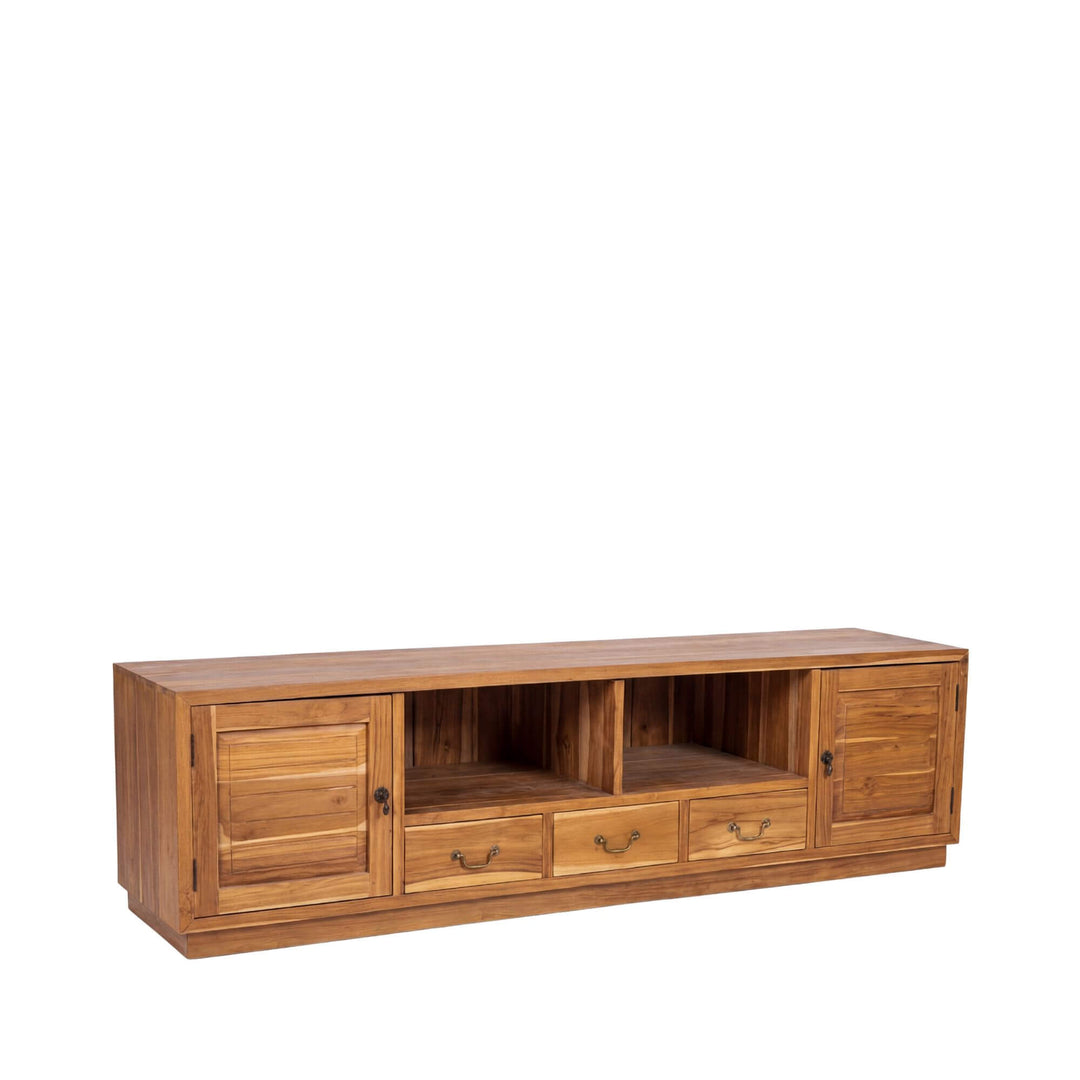 Front view of the Serangan teak wood TV stand with drawers and shelves.