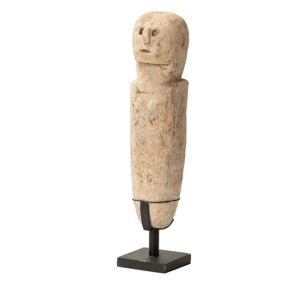 Stone decorative stand sculpture with minimalist human figure mounted on metal base on white background.