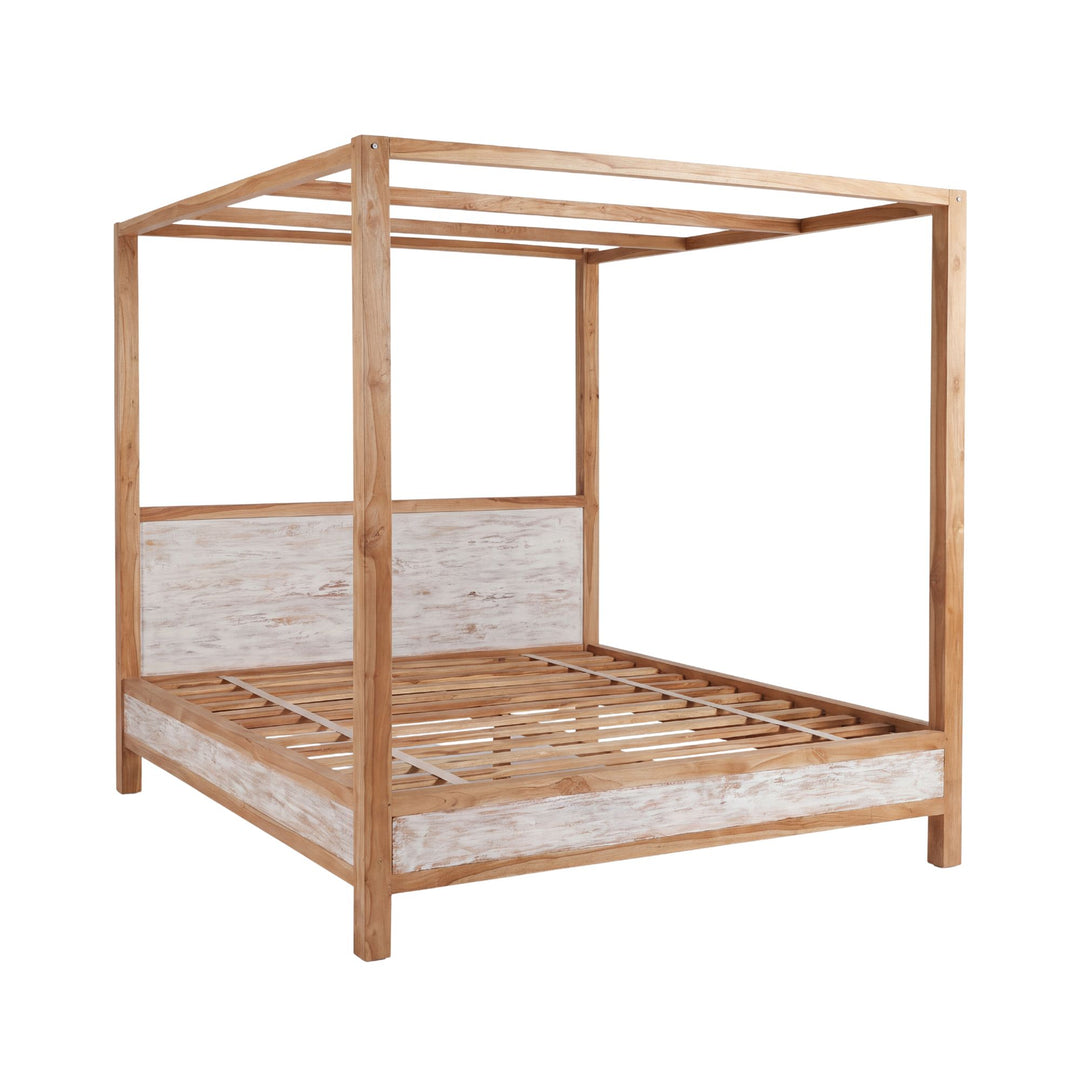 Front angled view of the Seychelles four-poster bed crafted from natural teak wood with a tall architectural frame