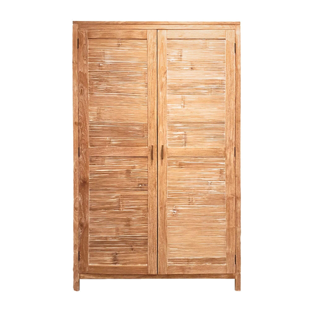 Front view of Seychelles Wardrobe in teak with bamboo lamination, two doors.