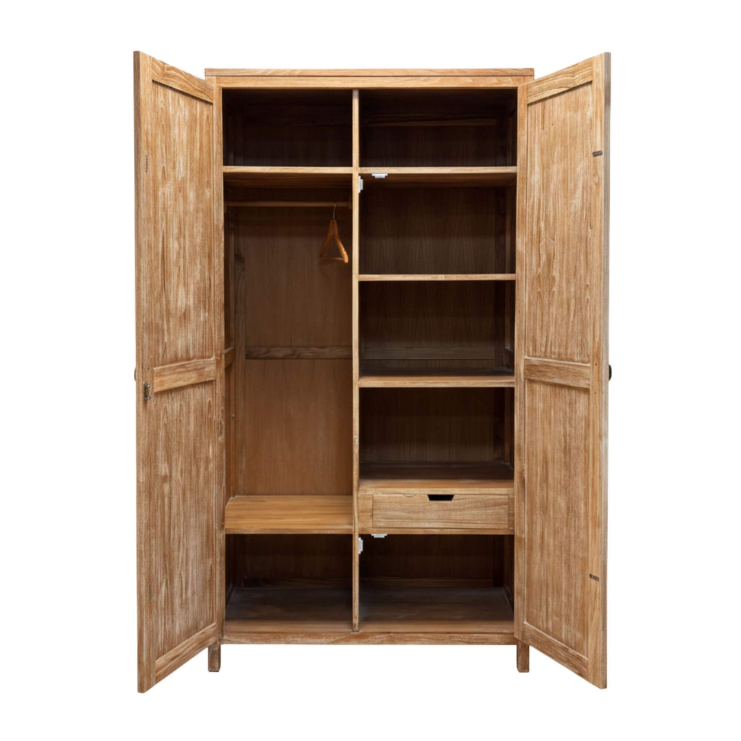 Interior view showing the spacious teak wardrobe with shelves and hanging space.