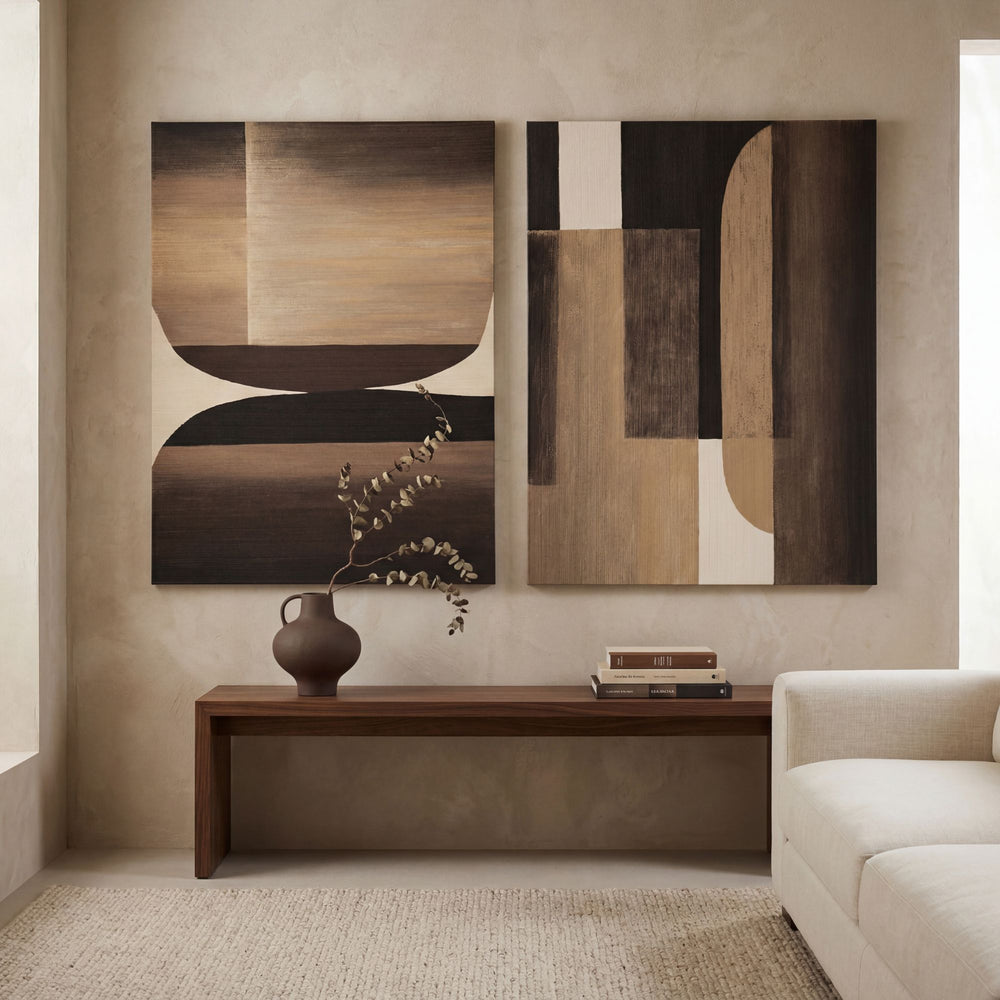 Styled interior setting featuring the Umber Arch artwork displayed above a wooden console.
